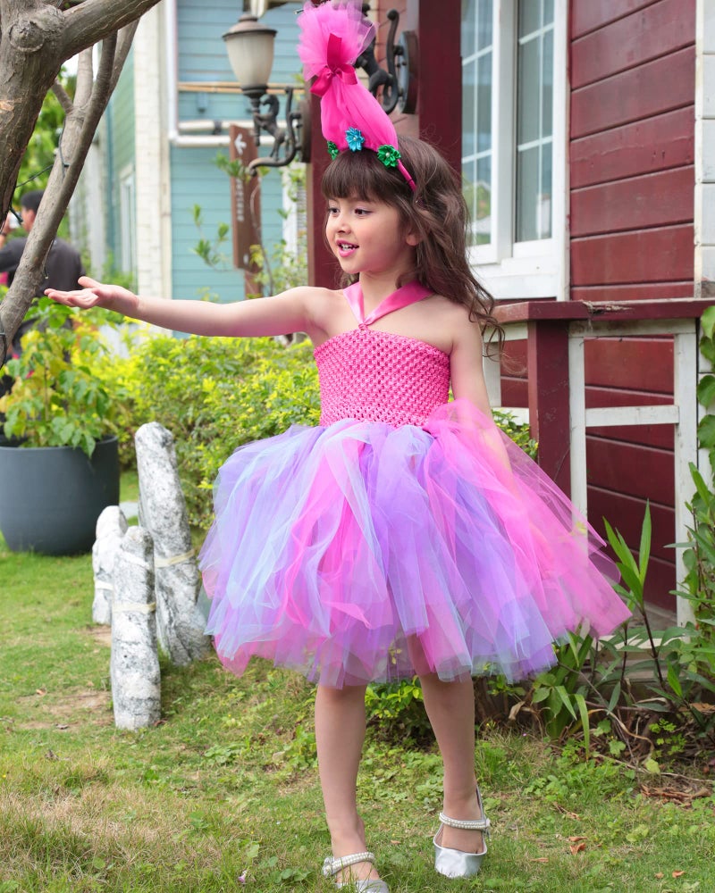 TYHTYM Trolls Costumes Little Girls Princess Poppy Cosplay Birthday Halloween Toddler Kids Baby Tutu Dresses with Headband Rose Red - Image 4
